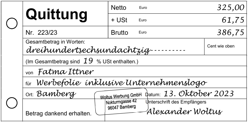 Quittung: Netto 325,00 €, USt 61,75 €, Brutto 386,75 €, Datum 13. Oktober 2023, Firmenstempel und Unterschrift.